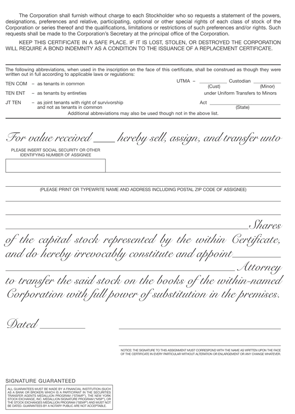 Form of Class A common stock certificate of the registrant